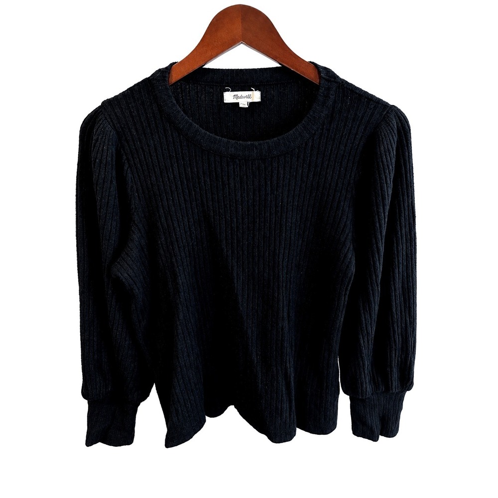 Madewell Sweater Women M Black EUC Ribbed Knit Puff Sleeve Crew Neck Top